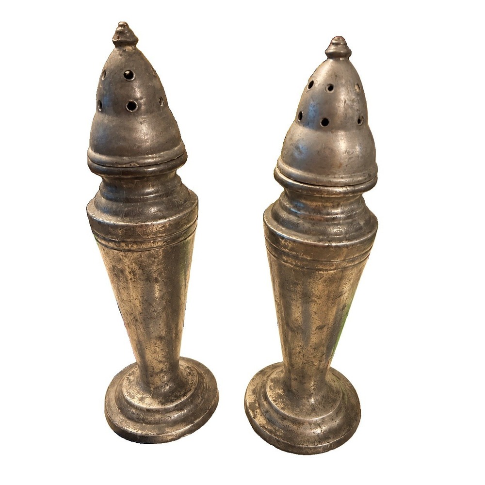 Vintage Pewter Salt & Pepper Shakers Tall Pedestal 2079 Ornate Antique Style